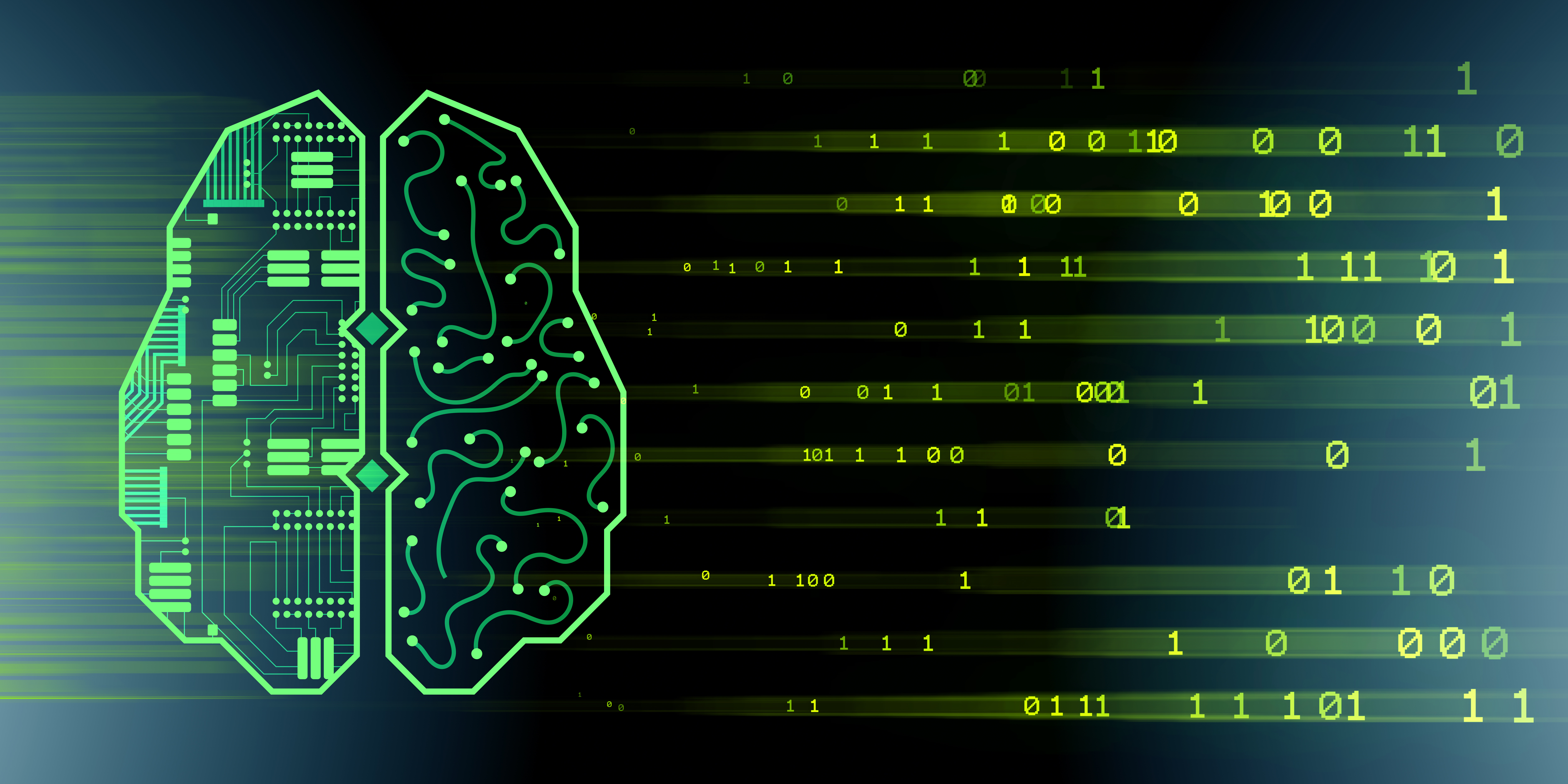 Stock machine learning concept graphic featuring a stylized computer brain