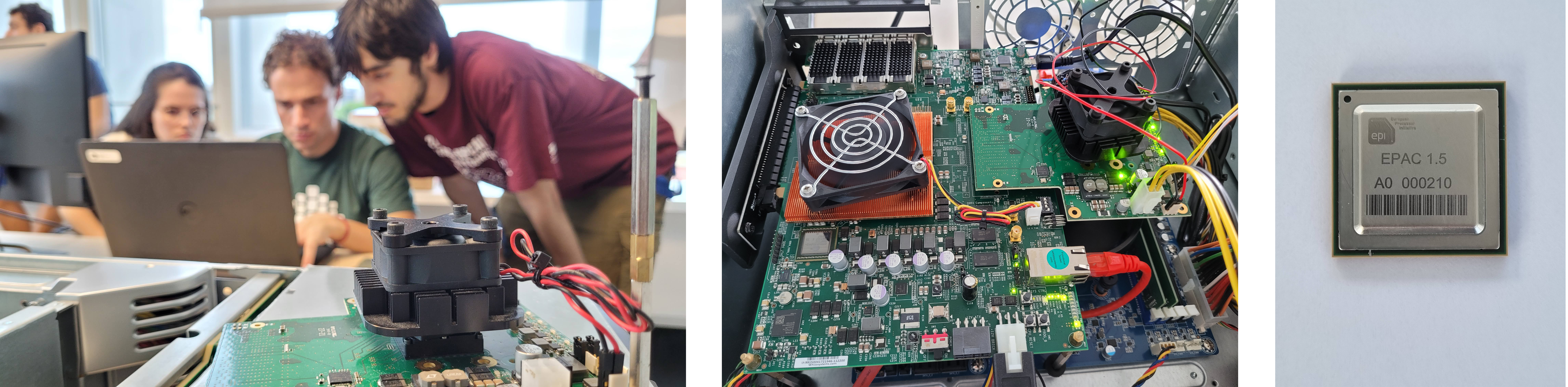 composite of three images: 1. showing computing board with people in the background 2. showing the boards in closer detail 3. showing a chip with EPAC 1.5 and the EPI logo on