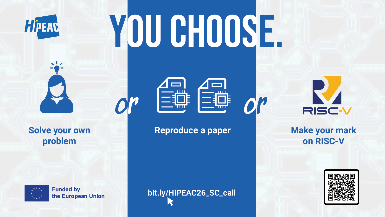 HiPEAC 2026 Student Challenge banner: You Choose. Solve your own problem OR reproduce a paper OR make your mark on RISC-V. https://bit.ly/HiPEAC26_SC_call | Funded by the European Union