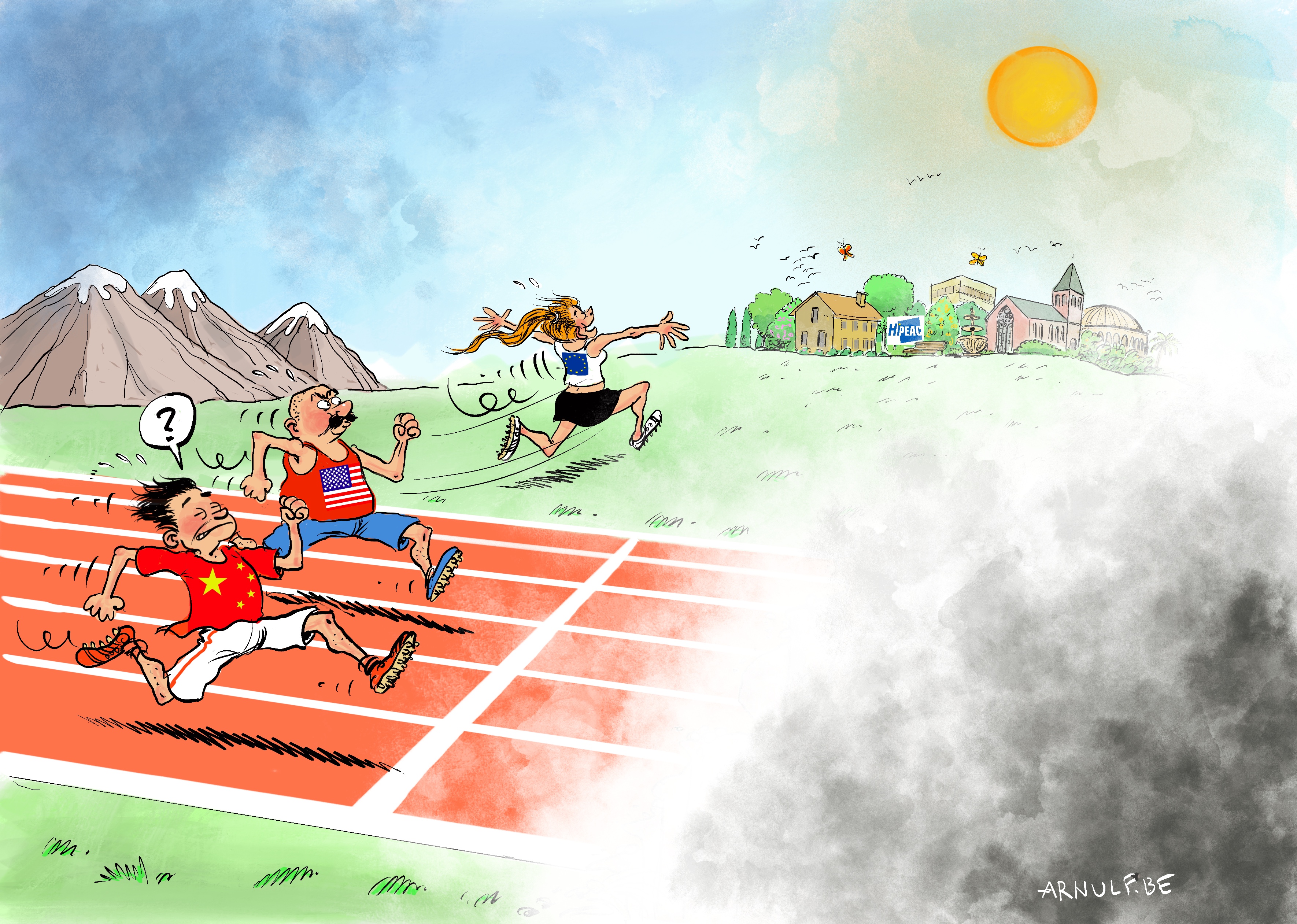 cartoon showing two racers representing the US and China running into fog, while a racer representing Europe turns off and runs towards a town with a HiPEAC logo on it