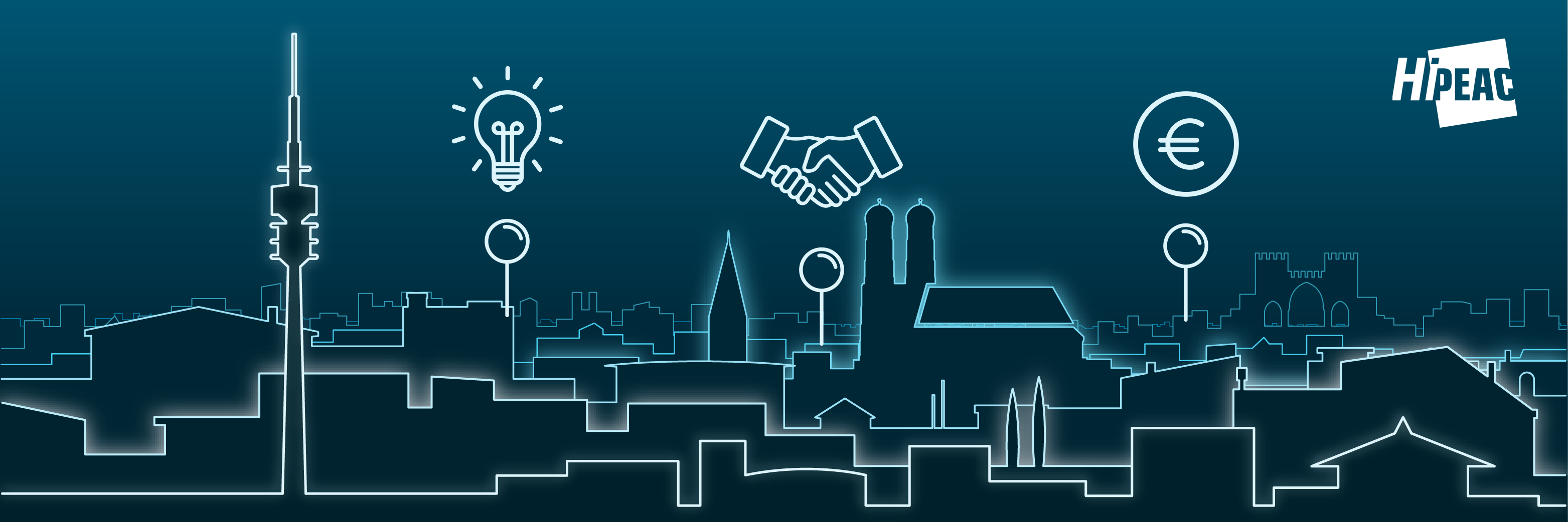 stylised image of Munich skyline with pushpins and three icons above the rooftopsi – a light bulb, a handshake and a euro sign